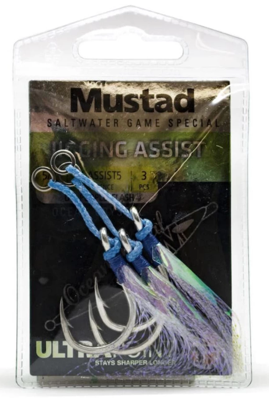 Mustad 4X Strong Ocean Camo Assist Rig, Blue W/ Flash & Ring 3 Mustad 4X Strong Ocean Camo Assist Rig, Blue W/ Flash & Ring
